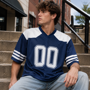 Maillot de football américain personnalisé bleu marine respirant imprimé à manches courtes en mesh – Tenue d'équipe pour le jour du match et vêtements de supporter - Product Image 2