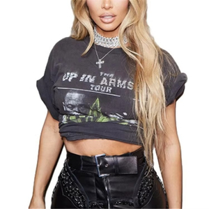 Character-Print Ruffles <strong>T</strong>-<strong>Shirt</strong> for <strong>Women</strong> Summer O-Neck Short-Sleeve Sexy Casual Trend Wild Skinny Streetwear Top Knitted Fabric - Product Image 1
