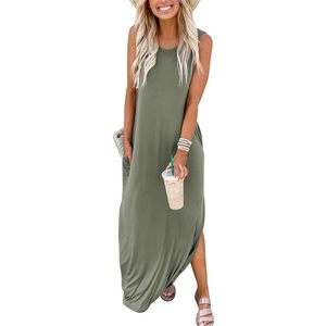 Robe longue d'été pour femme, sans manches, décontractée, col rond, pour la plage et les vacances, en tissu tissé respirant - Product Image 3