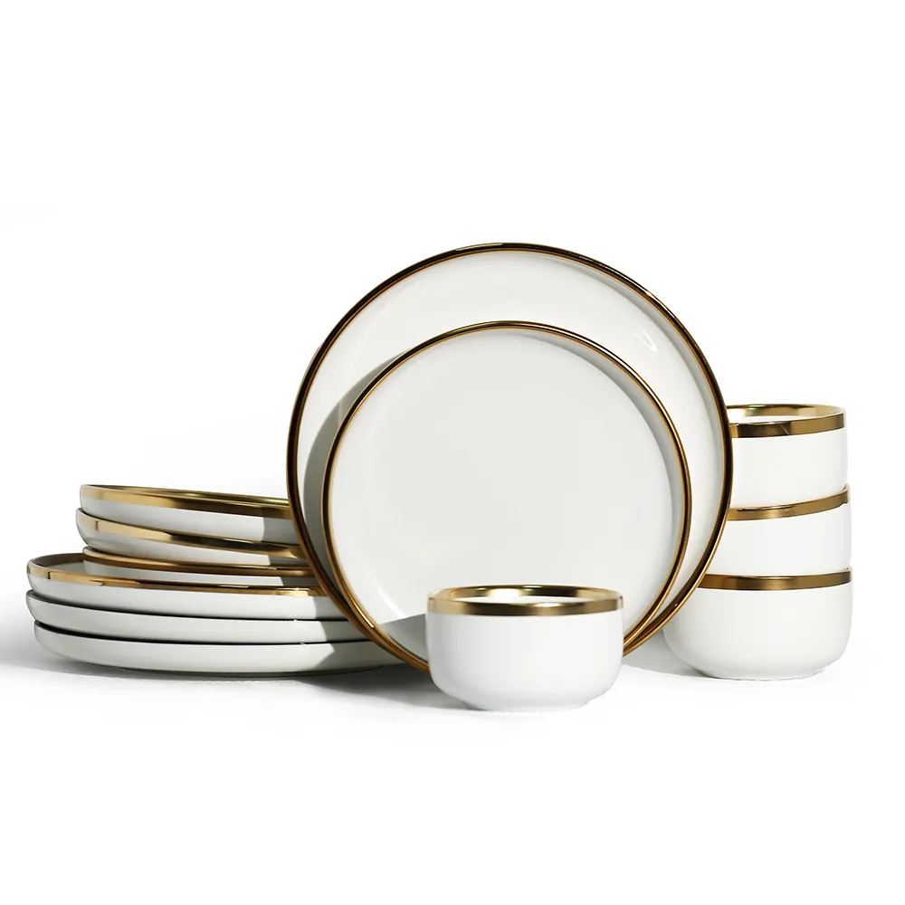 Porcelain 12 Piece Dinnerware Set Service for 4, Matt White Black and Golden Rim Plate Bowls Ceramic Tableware Wholesale