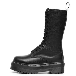 Women's Black Genuine Leather <b>Boots</b> Mid-Calf Round Toe Lace-Up Flat Heel Anti-Slip Rubber Outsole All Seasons Solid Color - Product Image 6