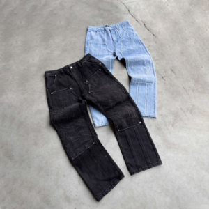 Oem ספק מרוגז גברים jean 100% חומצה כותנה לשטוף ג 'ינס מכנסיים גברים נשים שכבה כפולה 3D רקמה מנגר ג' ינס - Product Image 1