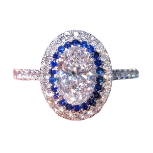 Bague de fiançailles en or blanc avec halo de saphirs et diamant naturel de couleur D taille ovale F1778 pour femme - Product Image 1