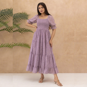 Robe midi en mousseline à imprimé floral lavande avec manches bouffantes, coupe trapèze ample, style bohème, col carré, taille élastique, pour le quotidien, été - Product Image 1