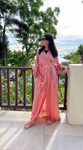 Tie Dye Pink Printed Chiffon Maxi <b>Dress</b> With Belt <b>Loose</b> V-Neck Long Sleeve Boho Style Summer Casual Wear For Women - Product Image 5