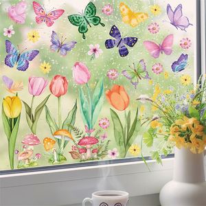 Autocollants de fenêtre en vinyle statique imprimés double face personnalisés en gros, motifs tulipes et papillons, décorations murales pour vitres - Product Image 1