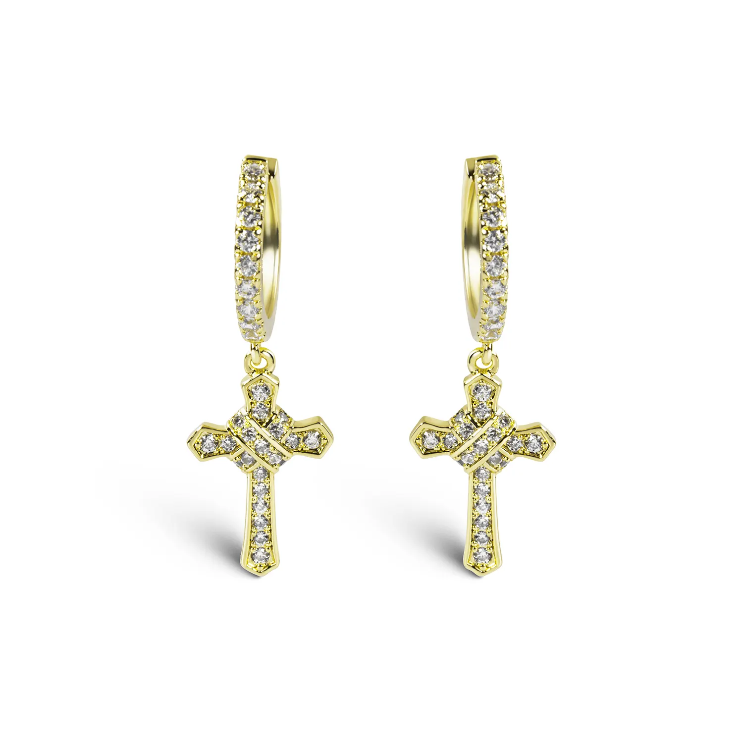 Jasen Popular Stunning CZ Stones 18 karats real gold plated Silver Huggie Statement Cross Earring