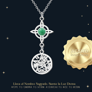 Collana con ciondolo Tetragrammaton con pietra aventurina verde e collana di gioielli con nodo della strega in acciaio inossidabile - Product Image 2