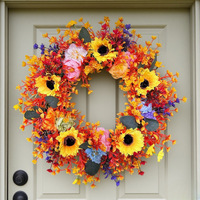 Nouvelle couronne de tournesols d'automne faite à la main de haute qualité en plastique 45 cm, style ferme, décoration de maison pour les fêtes, intérieur/extérieur
