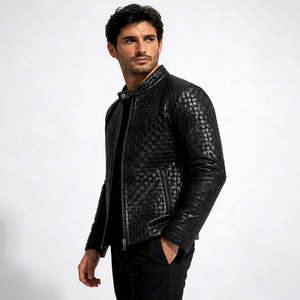 Blouson moto homme en cuir d'agneau véritable noir, motif tressé gaufré, col montant, fermeture éclair, coupe ajustée, style automne - Product Image 1