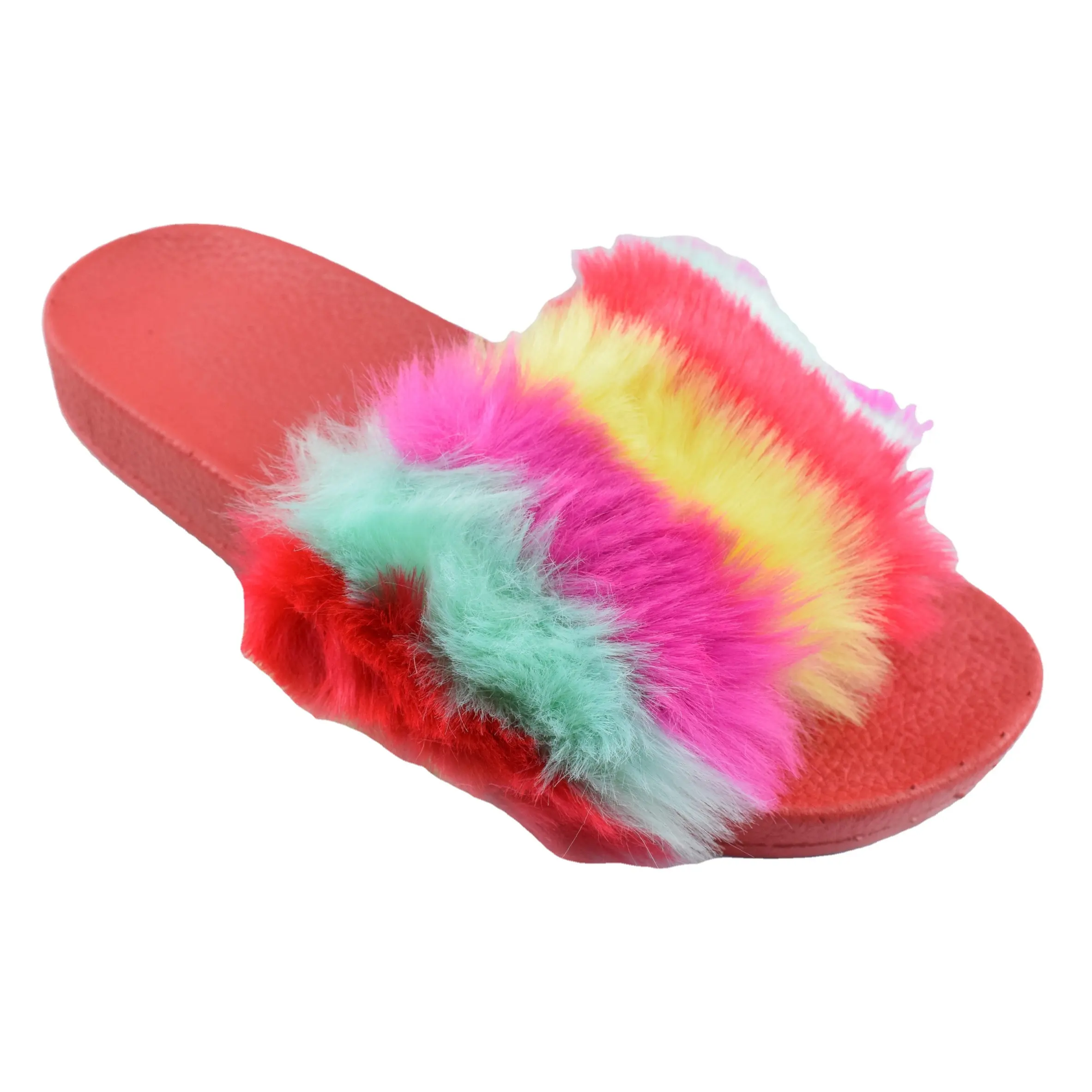 Colorful Palsu Bulu Slide untuk Wanita Bulu Imitasi Slider Sandal Wanita, Grosir Bulu Imitasi Sandal Slider