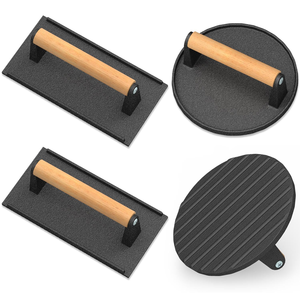 Prensa para Hamburguesas <span class=keywords><strong>Smash</strong></span>, <span class=keywords><strong>Plancha</strong></span> de Hierro Fundido Resistente, Redonda y Rectangular, Prensa para Asar Tocino con Mango de Madera - Product Image 1