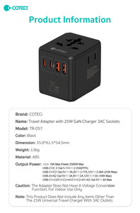 מתאם נסיעות אוניברסלי COTECi Worldwide עם 4 יציאות USB, טעינה מהירה 25W GaN PD, 3 שקעי AC, תואם תקעים של האיחוד האירופי, ארה' בירה, אוסטרליה, בריטניה ועולם, כולל שקע מתח. - Product Image 6