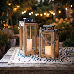 Farol de madera antiguo de jardín marroquí para portavelas - Product Image 3