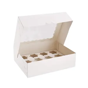 Caixas brancas para cupcake, 12 suportes, caixas pop-up para padaria com inserções e janela transparente, compatível com 12 cavidades, cupcake ou muffins, de qualidade alimentar