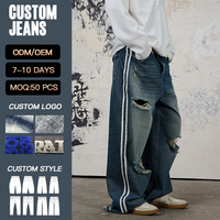 Jeans déchirés à rayures latérales avec logo personnalisé YUCE, jeans larges pour hommes, jeans vintage délavés, pantalon en denim streetwear