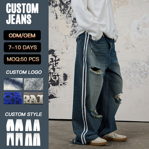 Jeans déchirés à rayures latérales avec logo personnalisé YUCE, jeans larges pour hommes, jeans vintage délavés, pantalon en denim streetwear - Product Image 2