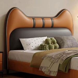 Lit de Jour Moderne Confortable pour Enfants, Motif Chat Orange de Dessin Animé, Cadre en Bois Massif, Revêtement en Coton, Meuble de Chambre pour Garçons et Filles - Product Image 1