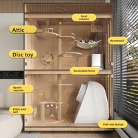 Vente en gros usine : Grande cage d'intérieur moderne pour chat en bois massif, avec parc de jeu, éléments en verre et fer, plateformes de saut étanches et accès facile