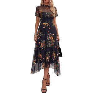 Robe de cocktail FOXA pour femme, été, manches courtes, maille florale transparente, mi-longue, coupe trapèze, col montant, en mousseline, élégante pour soirée et mariage - Product Image 1