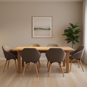 Set di 6 sedie da pranzo in poliestere color tortora con gambe in legno massello, design moderno per l'arredamento della casa - Product Image 2