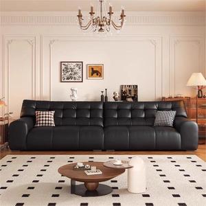 Mid Century Big Black Bear Genuine Leather <b>Sofa</b> Top Grain Cowhide Living Room Italian Minimalist Retro Straight Leather <b>Sofa</b> - Product Image 1