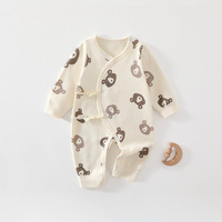 Barboteuse nouée pour bébé en pur coton à manches longues, imprimé ours mignon, avec fermeture à boutons-pression à l'entrejambe, combinaison pour nourrisson, vêtement de détente pour bébé