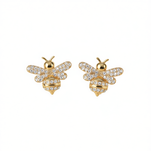 Boucles d'oreilles clous en forme d'abeille plaquées or avec strass en cristal pour femme, bijoux fantaisie mignons pour soirée, sertissage pavé en forme d'insecte - Product Image 1