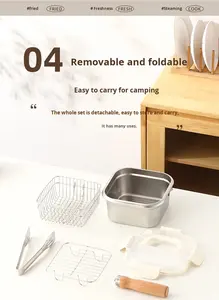 2026 ऑल-इन-वन नया डिजाइन स्क्वायर फ्रायर पॉट स्टेनलेस स्टील सब्जी कोल्ंडर्स लकड़ी के हैंडल के साथ - Product Image 6