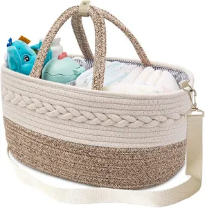 KUYUE 100% Cotton Woven Bin Baby Diaper Caddy Organizer, Shoulder Strap Buckle, 4 Inner Pockets Portable Nursery Storage Basket