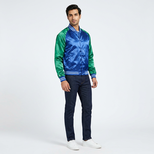Veste de baseball universitaire personnalisée de qualité supérieure en satin bleu avec manches vertes FINER THREADS 100% - Product Image 1