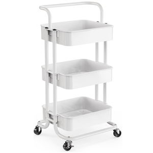 White Foldable Kitchen Bathroom Living Room 3-Tier Metal <b>Rolling</b> Storage Utility <b>Cart</b> with Wheels & Hanging Cups & Hooks - Product Image 5