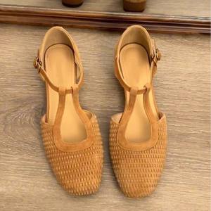 Retro Woven Mary Jane Flats Brown <b>Closed</b> <b>Toe</b> Chunky <b>Heel</b> Breathable Summer Wear Women's Shoes - Product Image 3