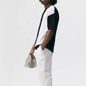 Nuevo logotipo personalizado de lujo de alta calidad de algodón acanalado cuello redondo suelto hombro caído negro blanco de gran tamaño Casual moda camiseta - Product Image 3