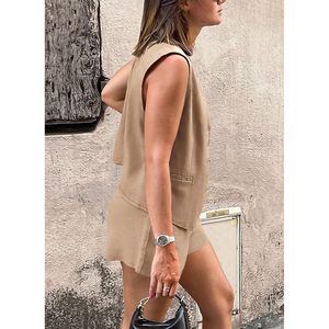 FOXA Conjunto de pantalones cortos sin mangas de verano para mujer con botones y cuello en V con bolsillos, atuendo informal - Product Image 2