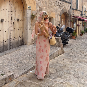 Rosa Aquarela <span class=keywords><strong>Floral</strong></span> Imprimir Strapless Chiffon Ruched Flowy Maxi Elegante Boho Casual Verão Férias Mulheres Vestido - Product Image 3