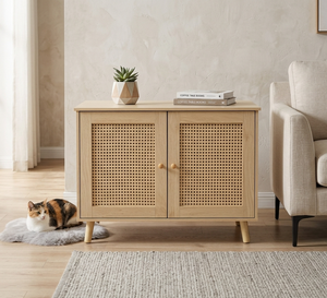 Modern Wooden Rattan Cat <strong>Litter</strong> <strong>Box</strong> Enclosure Cabinet | Hidden Cat Washroom <strong>Furniture</strong> for Living Room - Product Image 3