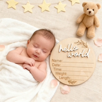 Plaque commémorative circulaire 3D en bois de 10 cm pour annonce de naissance, nom du nouveau-né, étapier les moments clés, souvenirs de bébé, photographie
