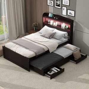 Lit gigogne avec tiroirs de rangement et tête de lit marron foncé, mobilier de chambre pour enfants, adultes et personnes âgées - Product Image 1