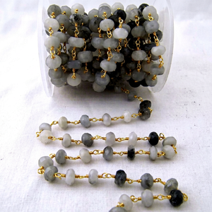 Black Rutilated Quartz Rondelle 6-8mm Briolette Faceted Beaded <b>Rosary</b> Chain Brass Charm for Jewelry Making Sold Per Foot - Product Image 1