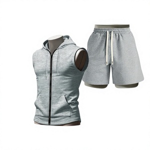Men's Gray Sleeveless Hooded Sweatshirt <b>Set</b> Casual Cotton French Terry Solid Color <b>Knitted</b> Autumn Wear - Product Image 1