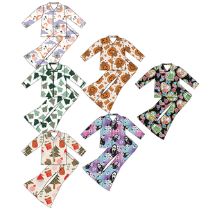Pantalones acampanados con cintura elástica y un solo botón de manga larga para niñas pequeñas al por mayor, ropa de dormir familiar suave a juego para mamá e hija - Product Image 1
