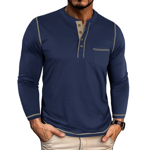 Camiseta de Manga Larga para Hombre, Estilo Europeo Americano, Vintage, con Bolsillo, de Algodón Transpirable que Absorbe la Humedad, para Otoño e Invierno - Product Image 6