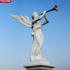 Sculpture de statue d'ange en marbre antique classique sculptée à la main pour l'extérieur, soufflant sur une <span class=keywords><strong>trompette</strong></span>, à vendre - Product Image 4