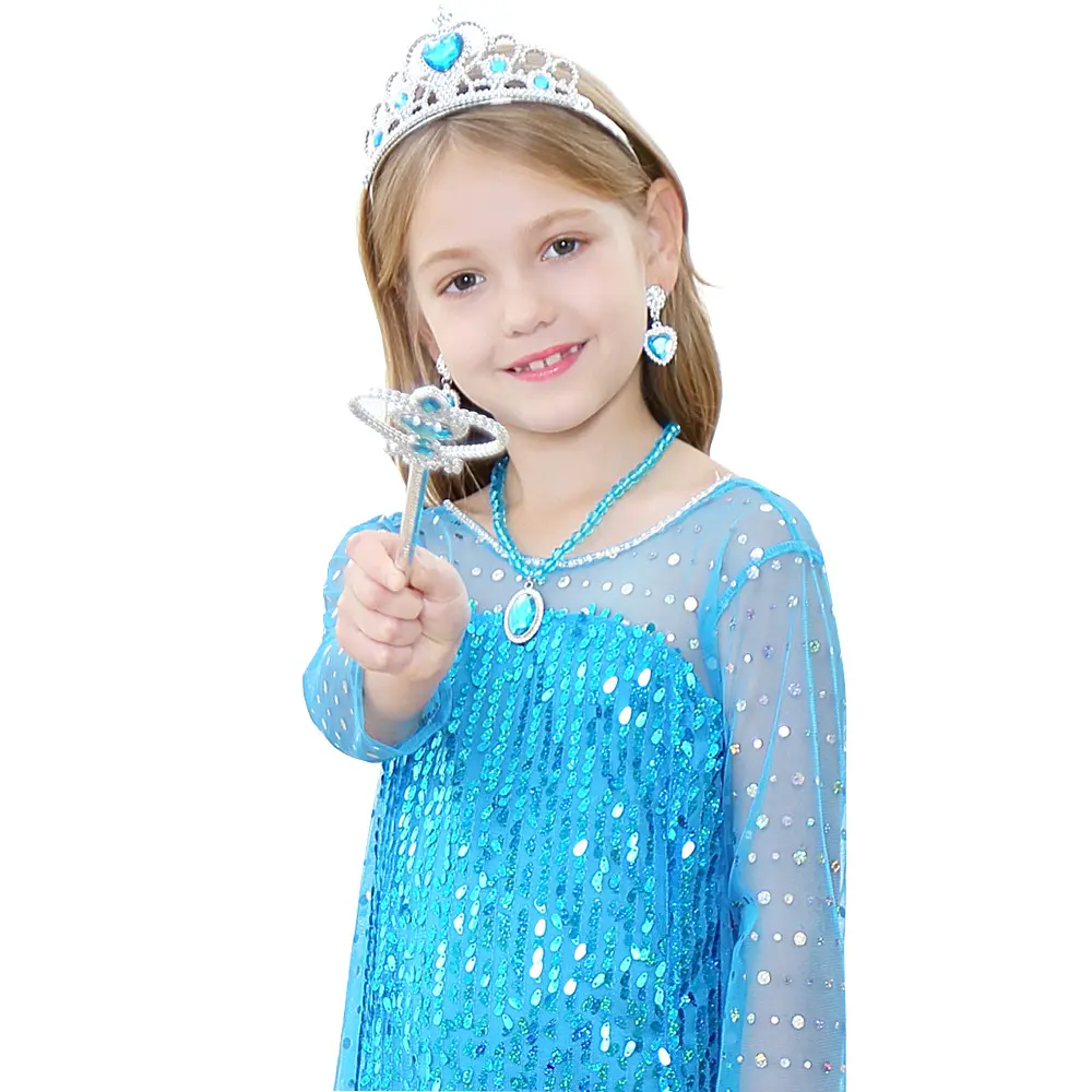 Robe princesse Elsa à paillettes bleues pour filles, à manches longues, Halloween, 2022