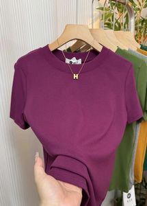 T-shirts pour femmes en gros, style Y2K, été, couleur unie, coupe ajustée, manches courtes, en polyester extensible avec col rond - Product Image 2