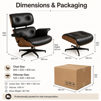 Ensemble de fauteuils de salon et ottoman en cuir noir pour réception d'hôtel, style Ames, fauteuil de salon moulé Eames pour projets B2B, fourniture OEM personnalisée