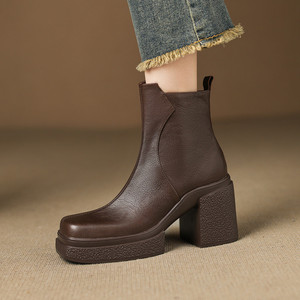 Zapatos de Tacón Medio Grueso, Hechos a Mano, Antideslizantes, Impermeables, de Punta Cuadrada, Color Sólido, Elegantes, Largos, Retro, Casuales y a la Moda - Product Image 3