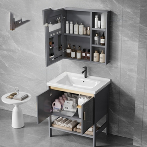 <span class=keywords><strong>Armoire</strong></span> <span class=keywords><strong>de</strong></span> rangement <span class=keywords><strong>de</strong></span> salle <span class=keywords><strong>de</strong></span> bain moderne Wayon, grise, résistante à l'humidité, <span class=keywords><strong>avec</strong></span> lavabo en céramique intégré - Product Image 2