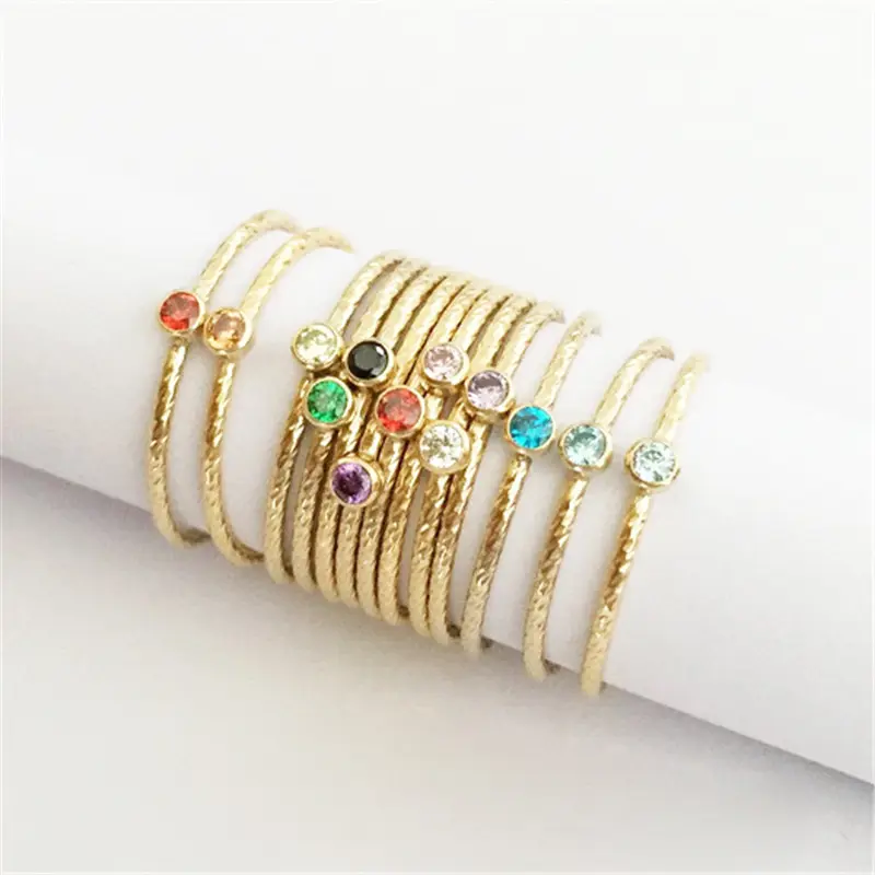 14K altın dolgulu zirkon yüzük Minimalist takı ince CZ elmas Birthstone Band yüzükler Sparkle yığını yüzük kadınlar için